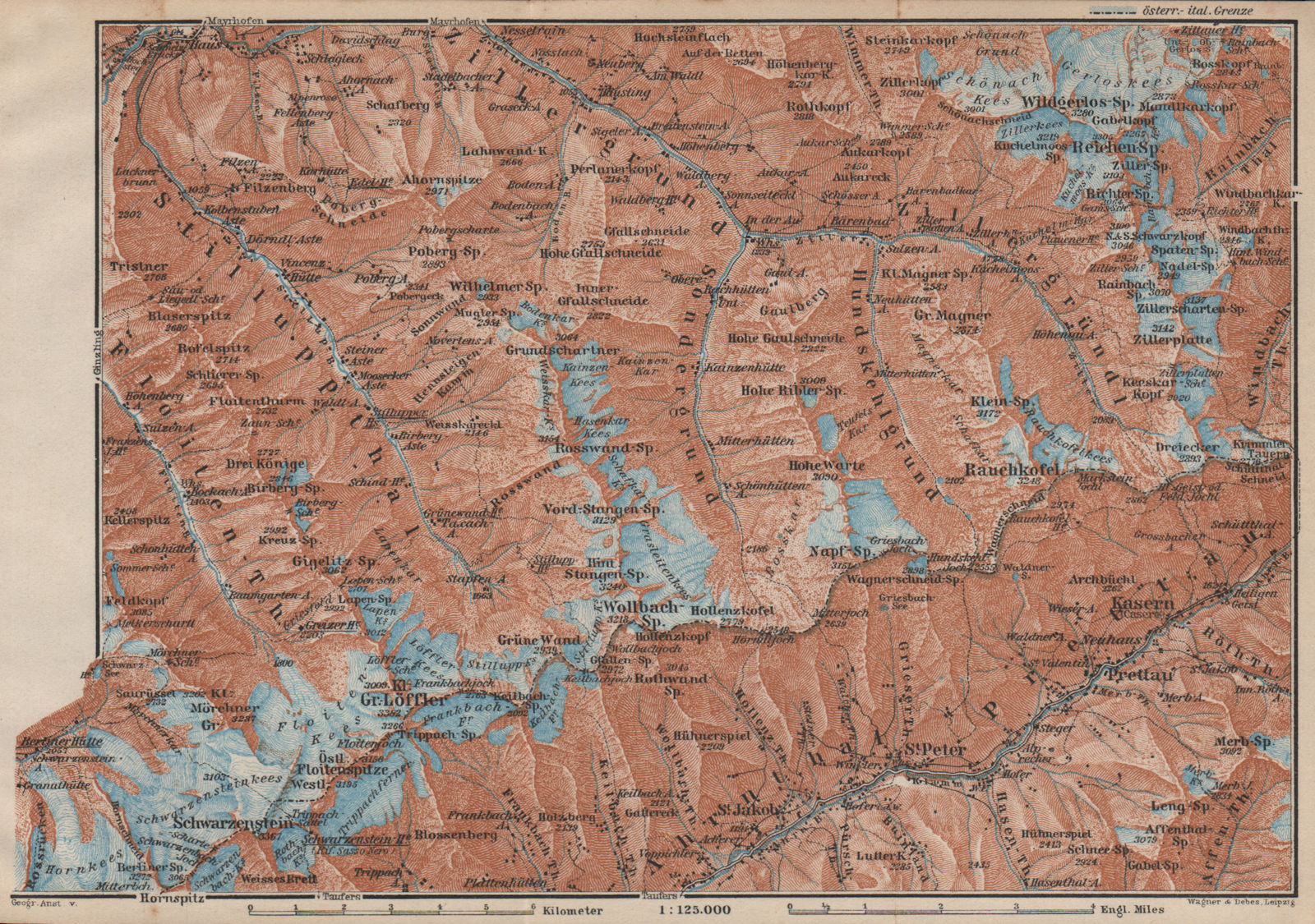 EASTERN ZILLERTAL. Ahrntal Valle Aurina Prettau Schwarzenstein Südtirol 1927 map